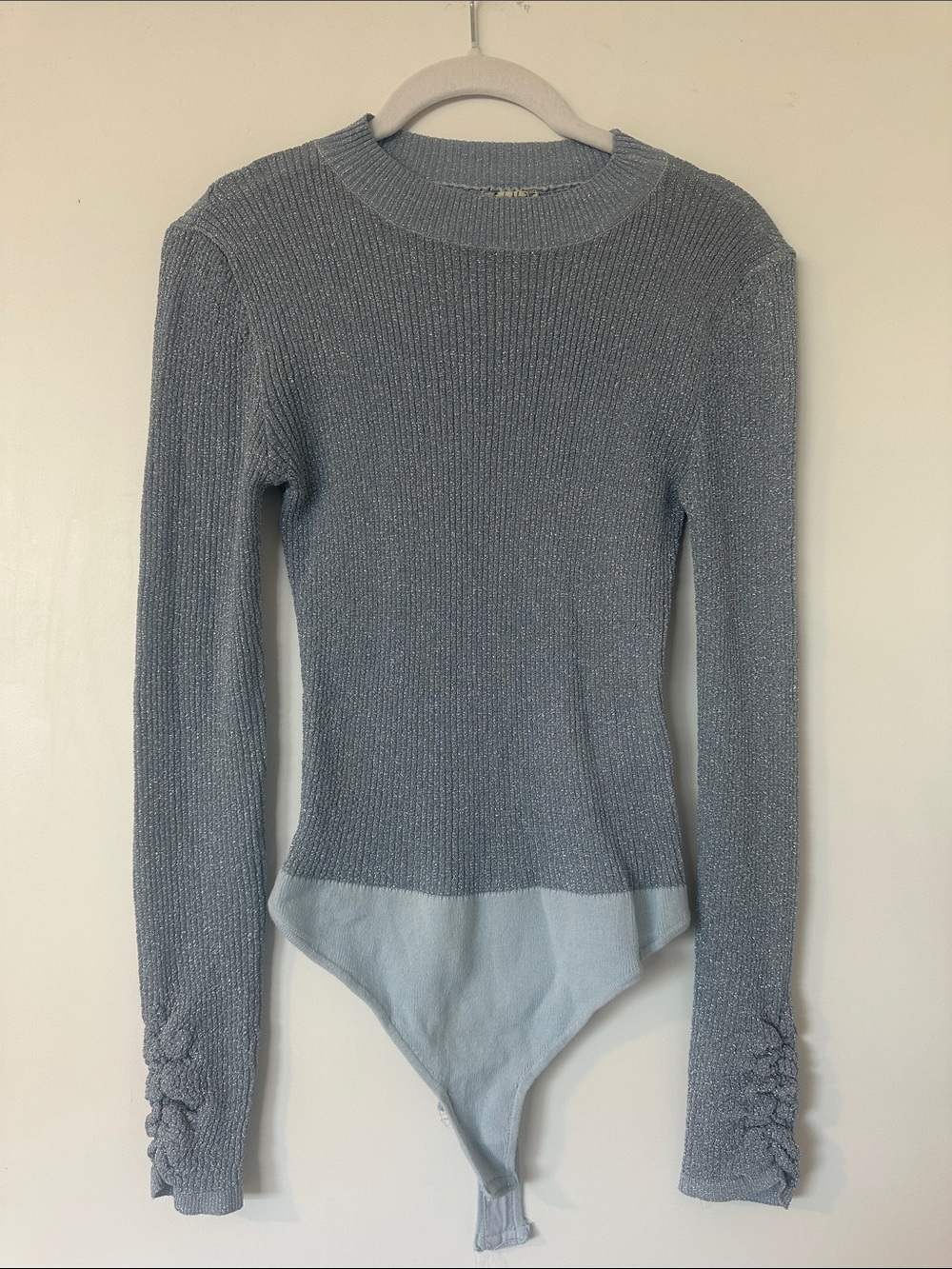 FP Movement by Free People Dusty Blue Ribbed Long Sleeve Bodysuit